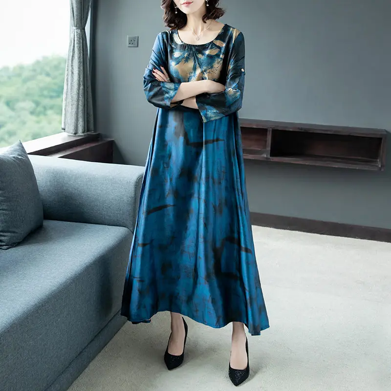 Женское свободное платье с круглым вырезом большого размера рукавом 2021 и принтом
