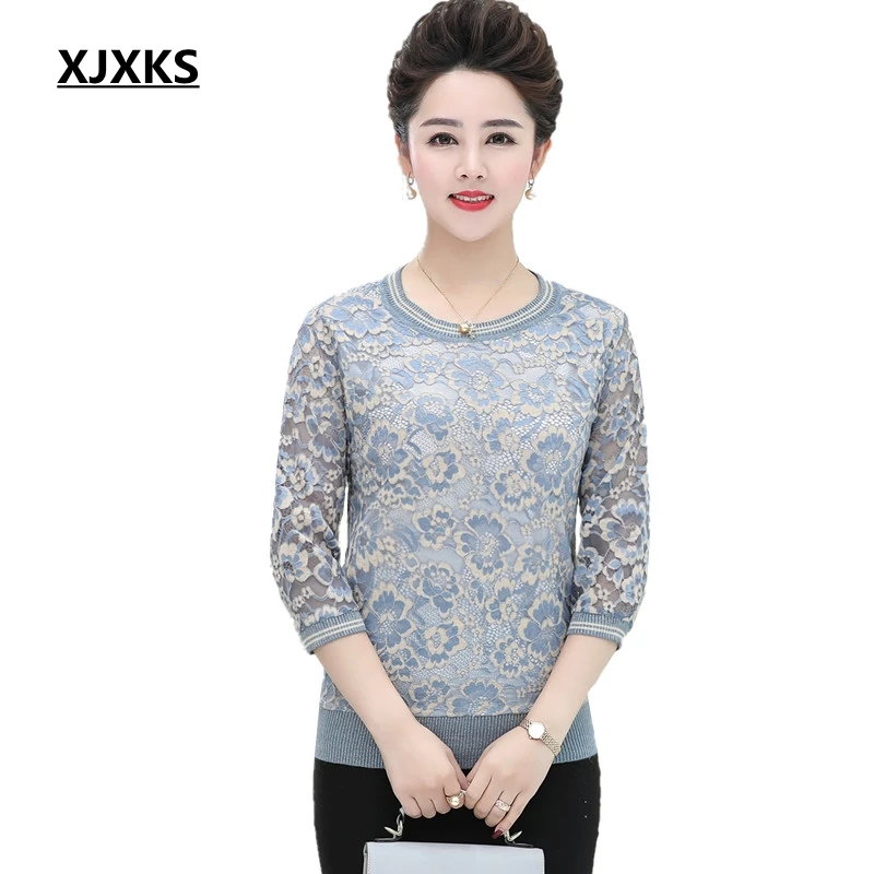 

XJXKS Lace Sweater Women Three Quarter Sleeve Round Neck Pull Femme Spring Autumn Thin Jumper Women Oversized Sweater