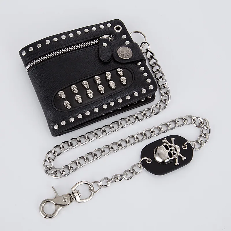Black With Chain Панк Ретро тренд череп мужской кошелек винтажные металлические заклепки молнии кошельки с цепочкой черный коричневый рокер стильный кошелек для мужчин - Цвет: Black With Chain