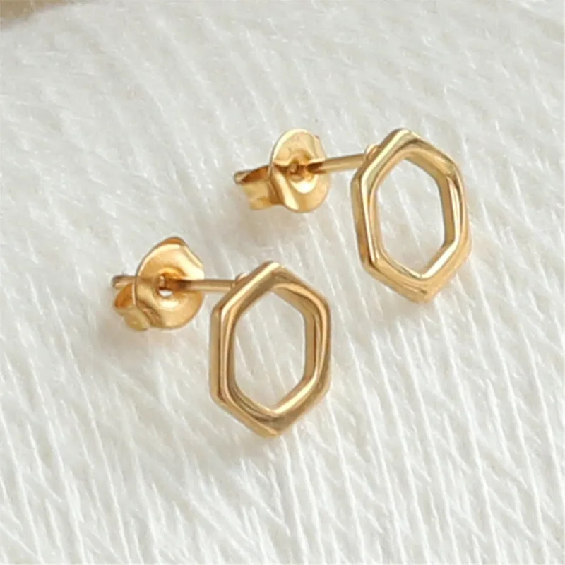 ED019 Titanium 316L Stainless Steel Gold-color IP Planting Stud Earrings Hexagon 8mm No Fade Allergy Free Fashion Jewelry
