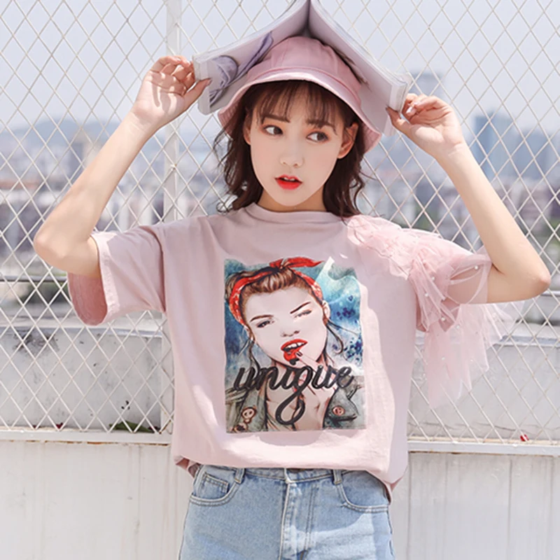 Camisetas Mujer Verano 2020 летние топы кружевная футболка Женская Корейская Футболка с