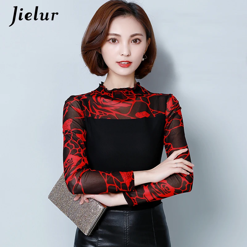 Jielur 2019 модная Осенняя женская футболка сетчатая с длинным рукавом Повседневная