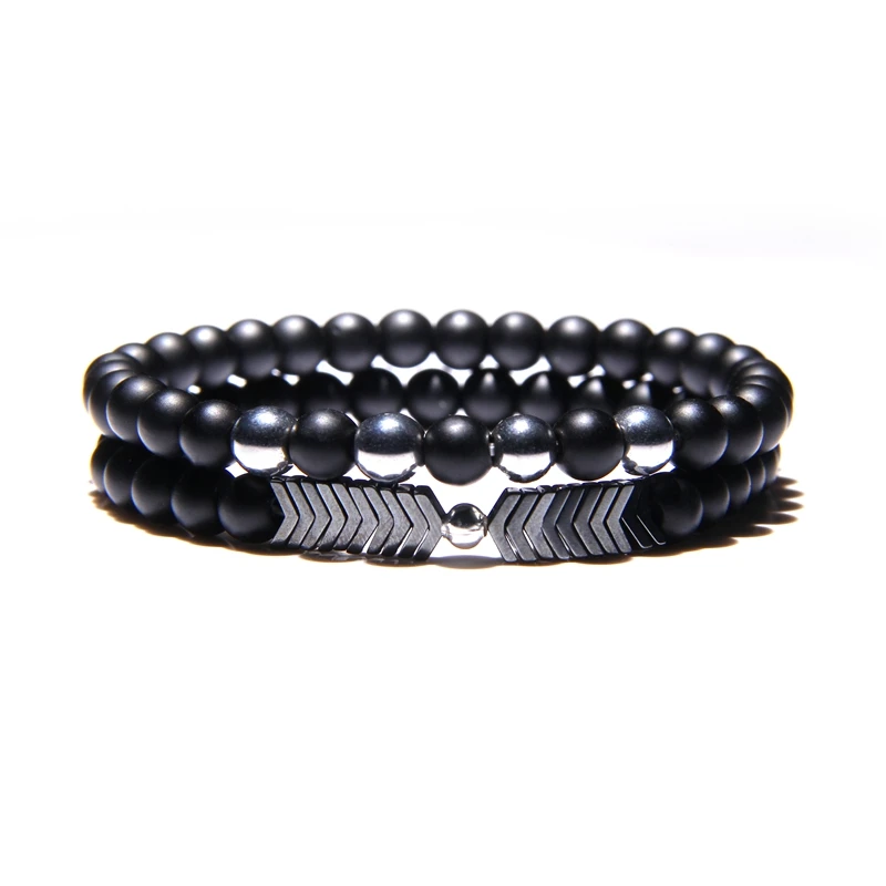 2 Pieces Lover Bracelets Hematite Round Bead Matte Black Onyx Agates Rainbow Arrow Couples Bangle For Woman Man Bracelet Jewelry | Украшения