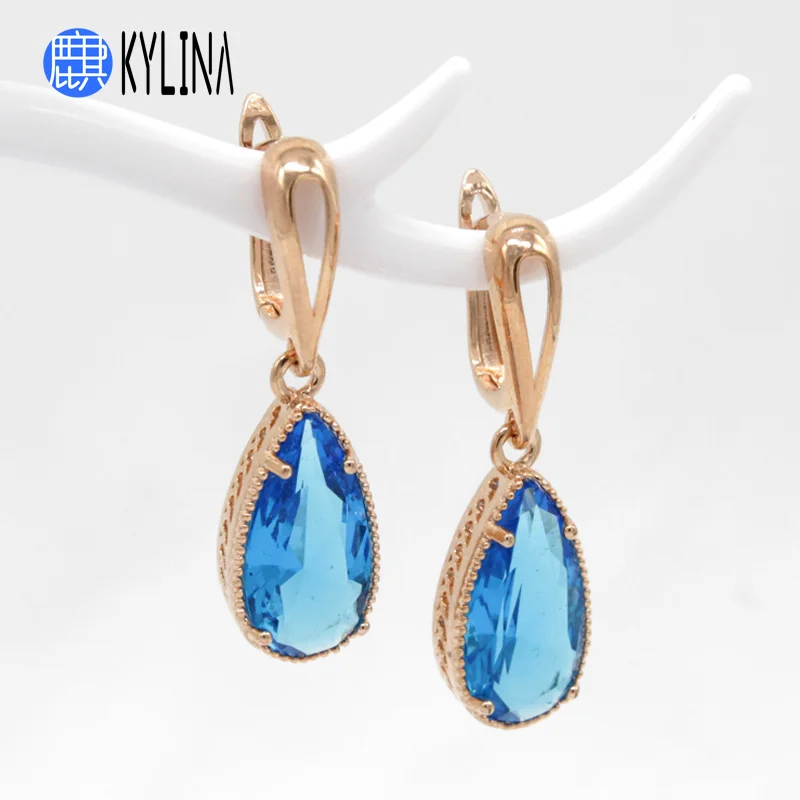 KYLINA Classic 8 Color Water Drop Cubic Zirconia Dangle Earrings 585 Rose Gold Bohemia Eardrop For Women Girl Wedding Jewelry | Украшения и