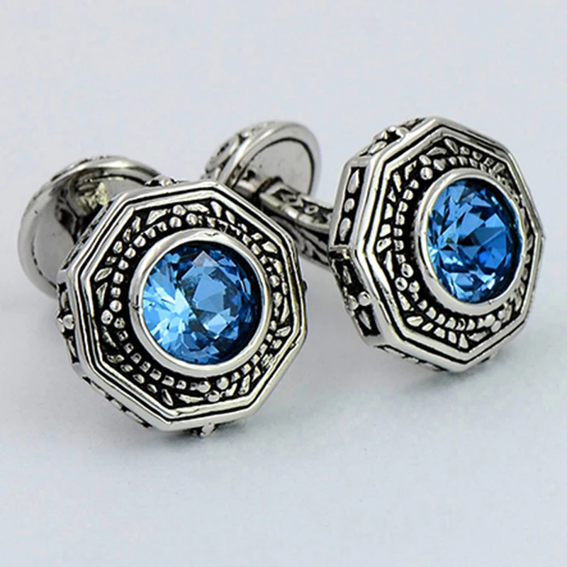 Blue and pink crystal octagon cufflinks engraved double sided brass plated white steel art deco | Украшения и аксессуары