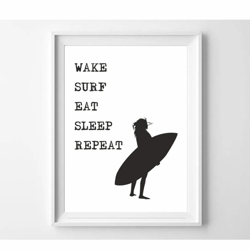 Wake Surf Eat Sleep Repeat печать черный и белый Минимальный Современный художественный