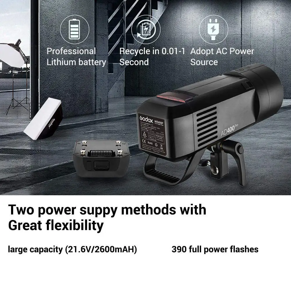 Внешняя вспышка Godox AD400Pro Witstro все-в-одном 400Ws ttl 1/8000 HSS Встроенный 2,4G Беспроводная система X Литиевая батарея Bowen-mount