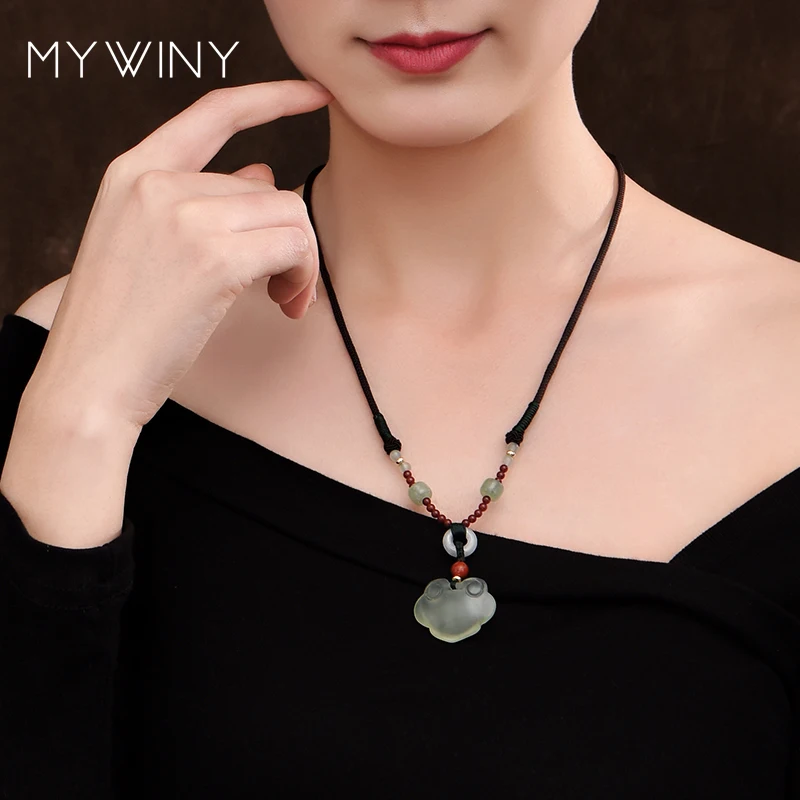 MYWINY New Chokers butterfly ethnic necklace fashion long Aventurine jewelry women vintage green chalcedony | Украшения и