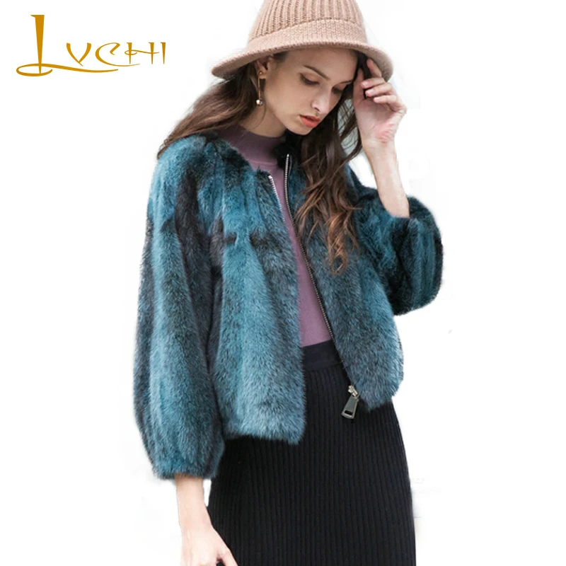 

Норковая шуба LVCHI, синяя, в полоску, на молнии, с круглым вырезом, 2019