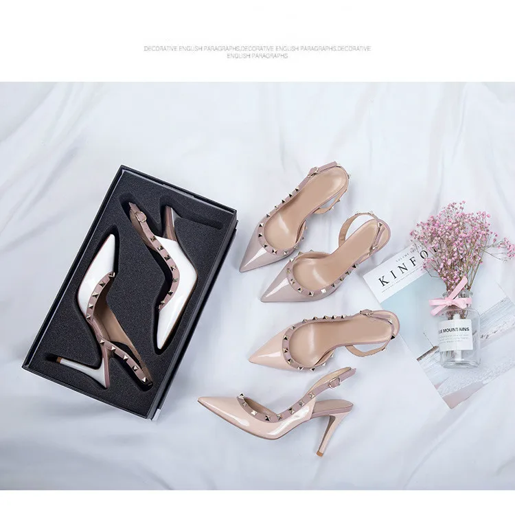 Hersevll Rivet High Heels Women's Sandals New Summer Large Size Thin Heel Sexy Top Single Shoe Pointed Toe Women's Sandals
