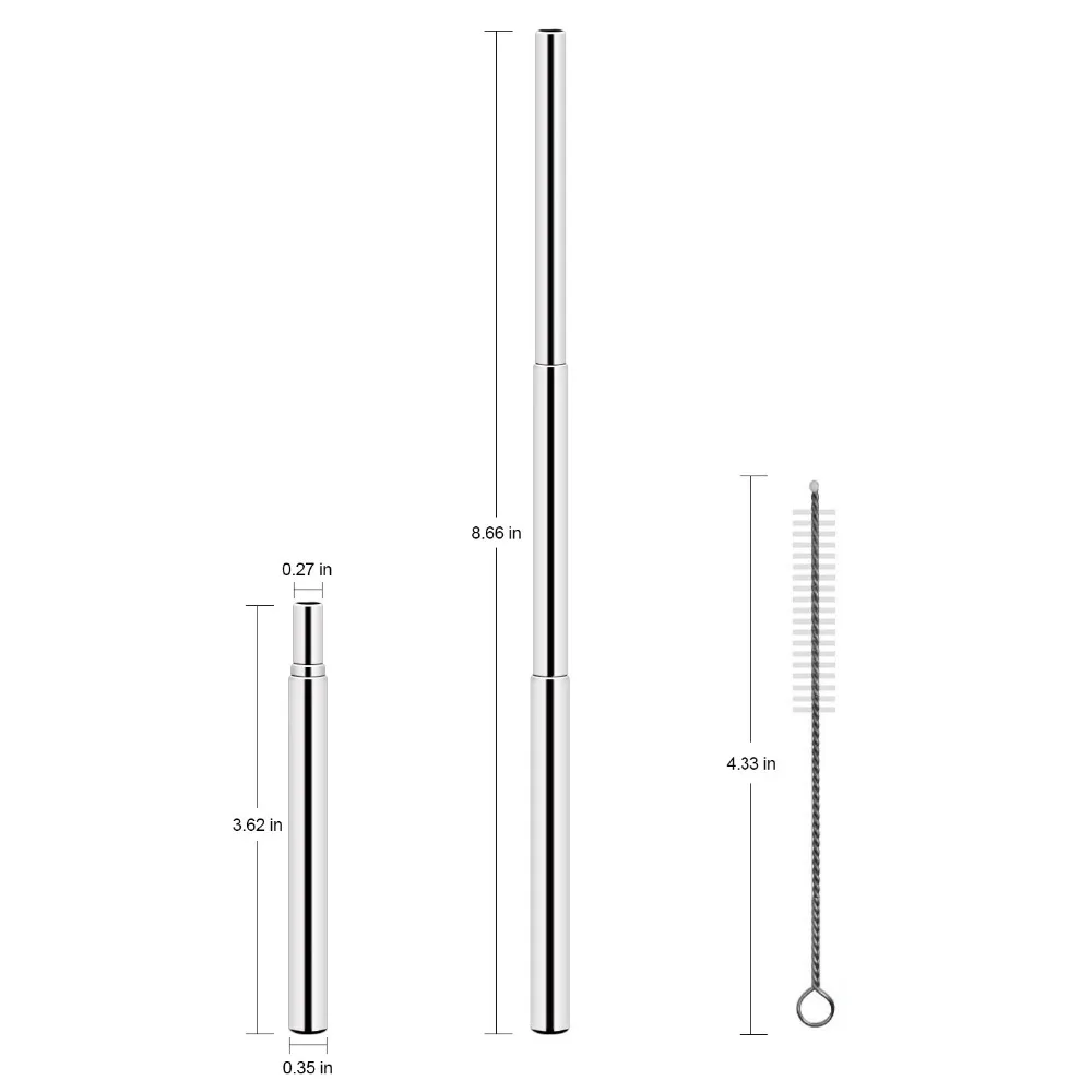 FUHAIHE Переносной нержавеющий стальной телескопический питьевой соломинки многоразового использования с силиконовым наконечником, щеткой и металлическим чехлом.