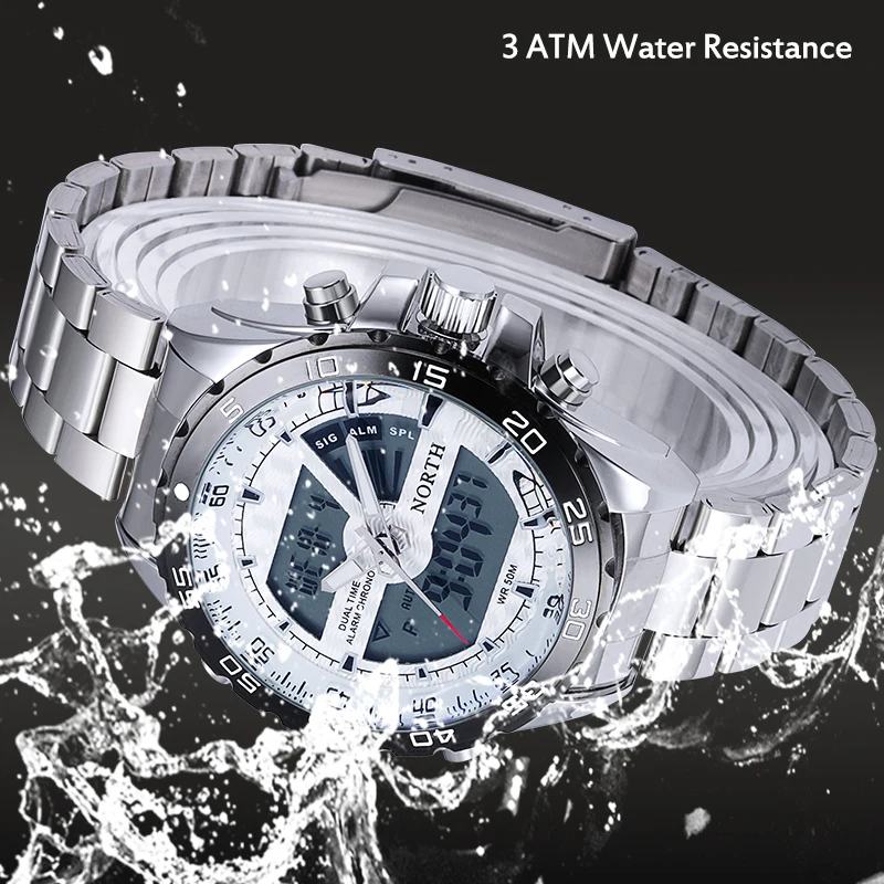 NORTH цифровой дисплей мужские спортивные часы из нержавеющей стали