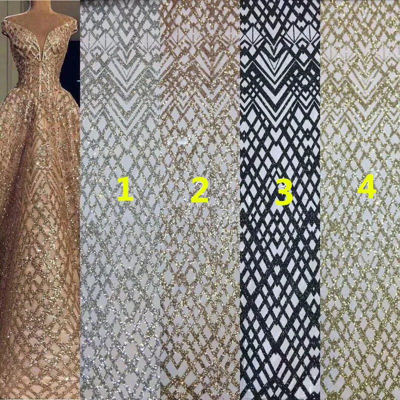 

S-102416 glued glitter sequins lace fabric Hot selling African French net tulle Lace Fabric for party