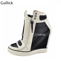 fashion women top leather black white woman sandal boots 12 cm high heels wedges hollow out net leisure shoes side zip boots