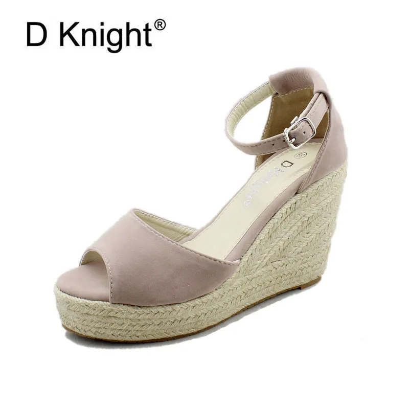 

Hot Selling Women's Casual Platform High Heels Wedge Sandals Ladies Concise Ankle Strap Straw Braid Rome Sandals Big Size 32-44