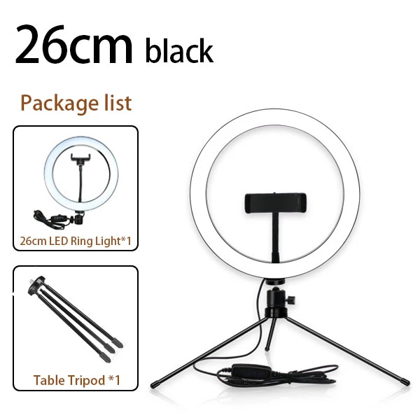 26cm Black 2 in 1 DSLR фотостудия селфи кольцевой светильник 3200 K-5500 K с камерой фото Диммируемый светодиодный светильник ing с USB кабелем и мини-штативом - Цвет: 26cm Black 2 in 1