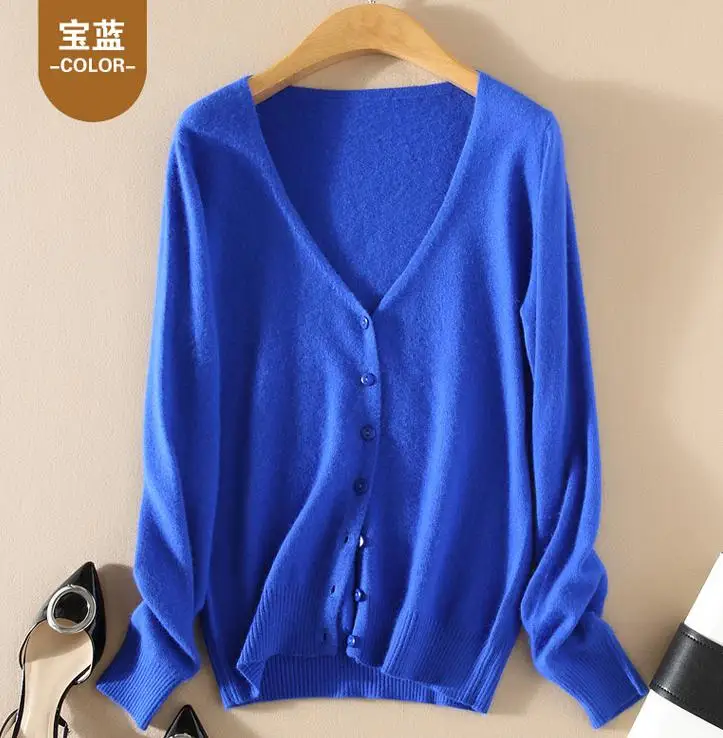 V-neck gems blue Осенний и зимний утолщенный кашемировый свитер, женский кардиган с v-образным вырезом и длинными рукавами, короткий свободный Однотонный женский свитер - Цвет: V-neck gems blue