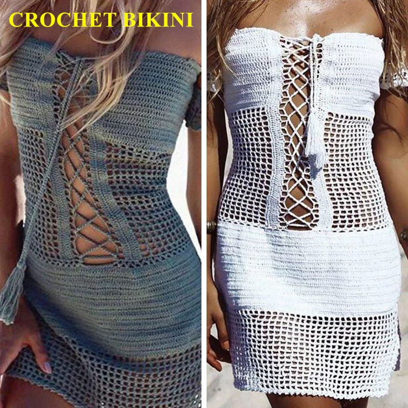 CROCHET BIKINI Sexy Women's Crochet Beach Dress Swimsuit Strappy Off Shoulder Dress Boho Crochet Bikini Cover Up Beachwear