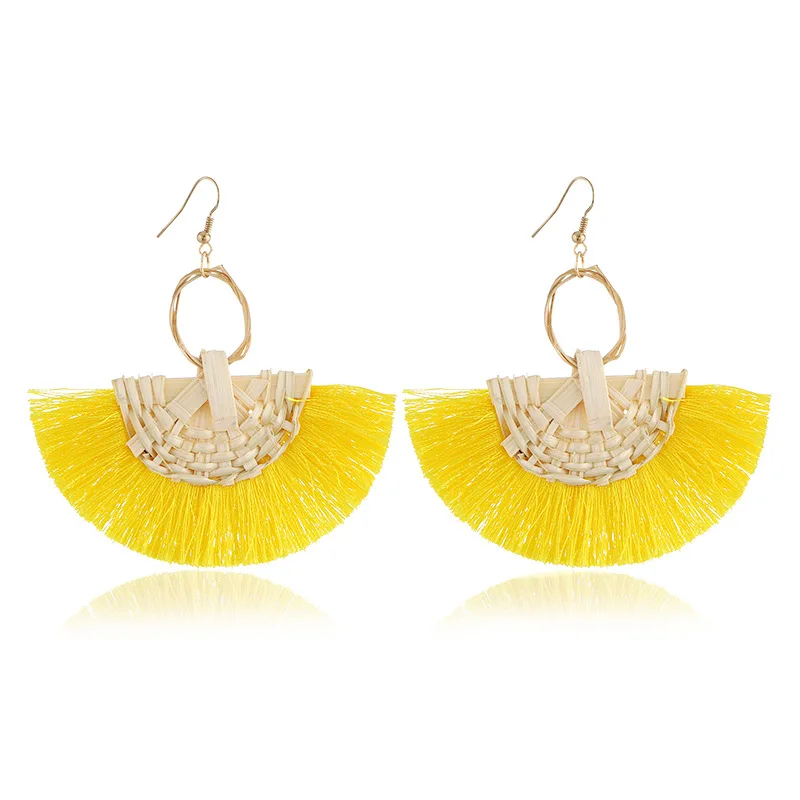 

Fashion Handcraft Rattan Weave Fan Shape Pendant Earrings Bohemian Ethnicity Women's Personality Creative Wire Tassel Earrings