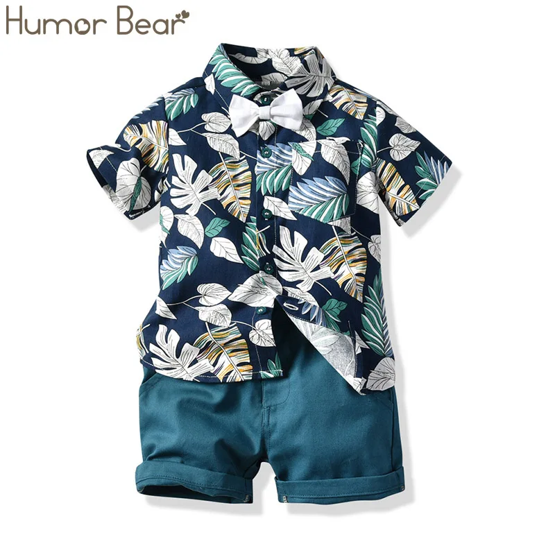 Зеленый Humor Bear/Детский костюм Новинка года, летняя одежда для маленьких мальчиков футболка с короткими рукавами с принтом листьев+ повседневные шорты+ галстук-бабочка, детская одежда - Цвет: Зеленый