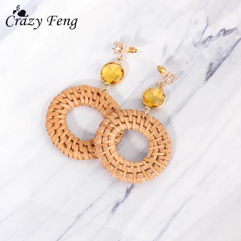 Серьги ручной работы из ротанга и соломы корейский стиль хрусталь циркон камень