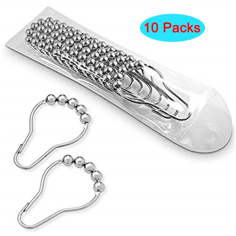 

10 Pack Shower Curtain Hooks Rings Roller Balls Chrome Stainless Steel Metal Rust Free Silver Colour