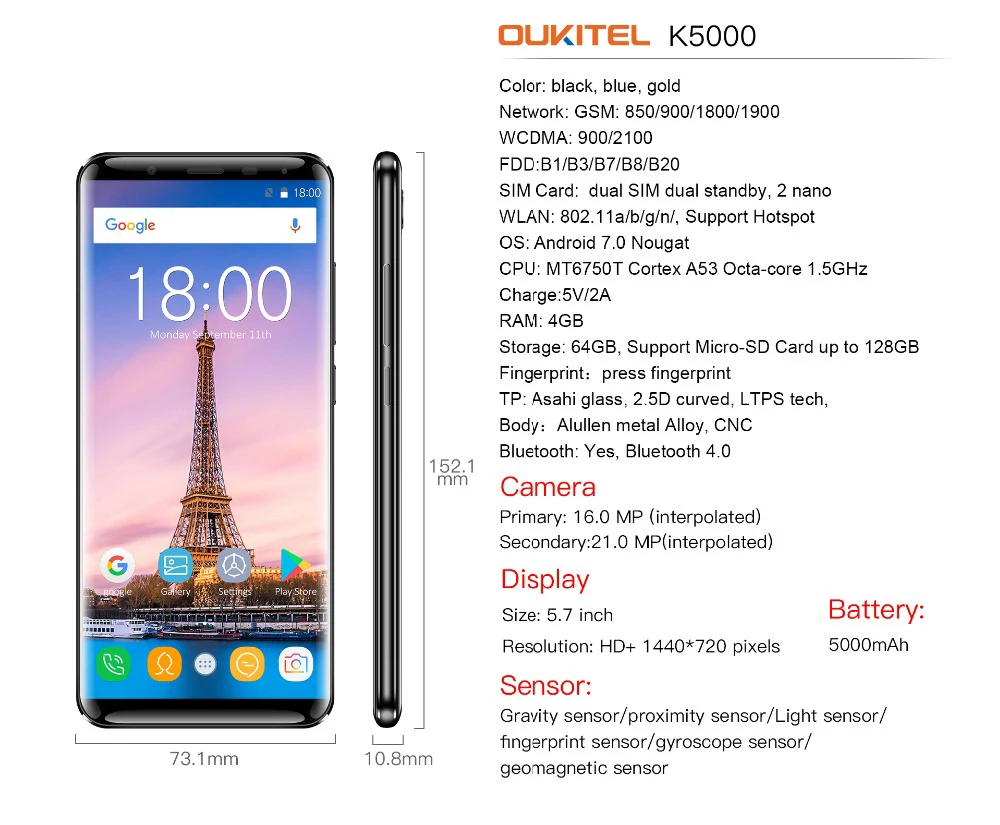 Восстановленный мобильный телефон Oukitel K5000 18:9 5 7 "HD Android 0 MTK6750T 4G + 64G Octa Core 5000mAh 16MP
