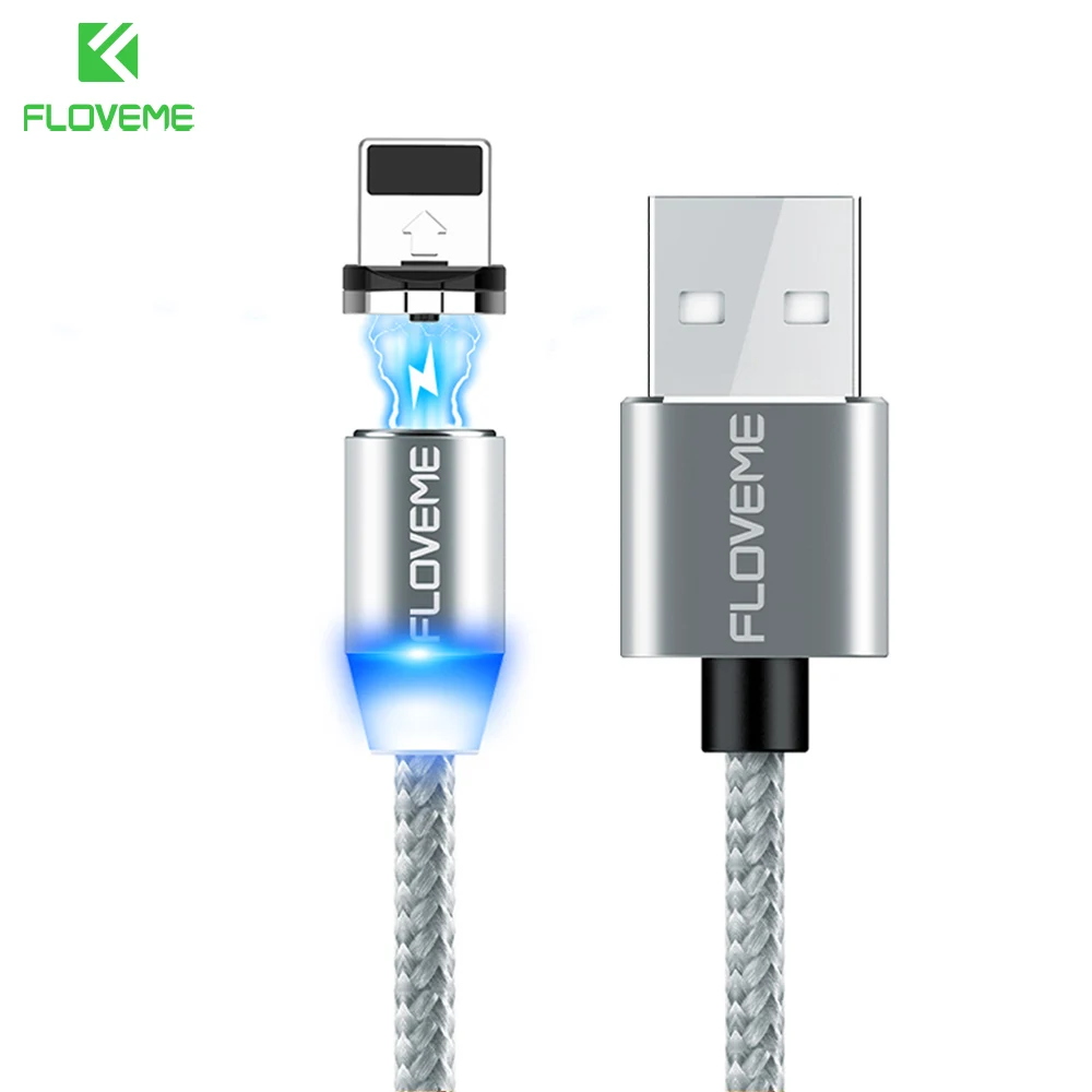 Silver FLOVEME Магнитный кабель 1 м плетеные мобильного светодио дный Тип C Магнит Micro USB Зарядное устройство кабель для Apple iPhone X 7 8 6 XR Xs Max Xs зарядное устройство магнитная зарядка usb кабель магнитный кабель - Цвет: Silver