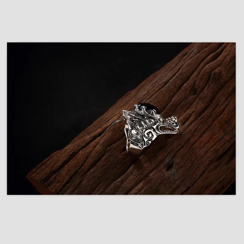 Uglyless Real S 925 Sterling Silver Natural Blue Chalcedony Men Rings Handmade Engraved Dragon Finger Ring Ancient Totem Jewelry | Украшения