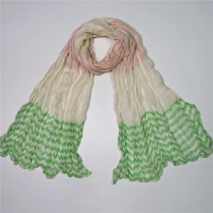 Женский шарф в полоску белый зеленый лен вискоза элегантные женские аксессуары