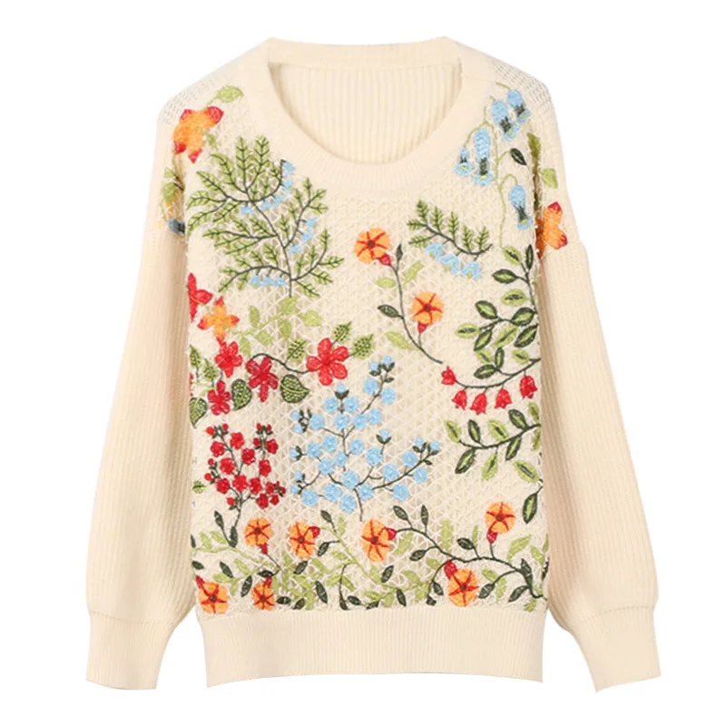 Autumn Winter Sweaters Women Gridding Flower Embroidered Luxury Runway Fashion Knitted Sweater Casual Pullover Tops New | Женская одежда