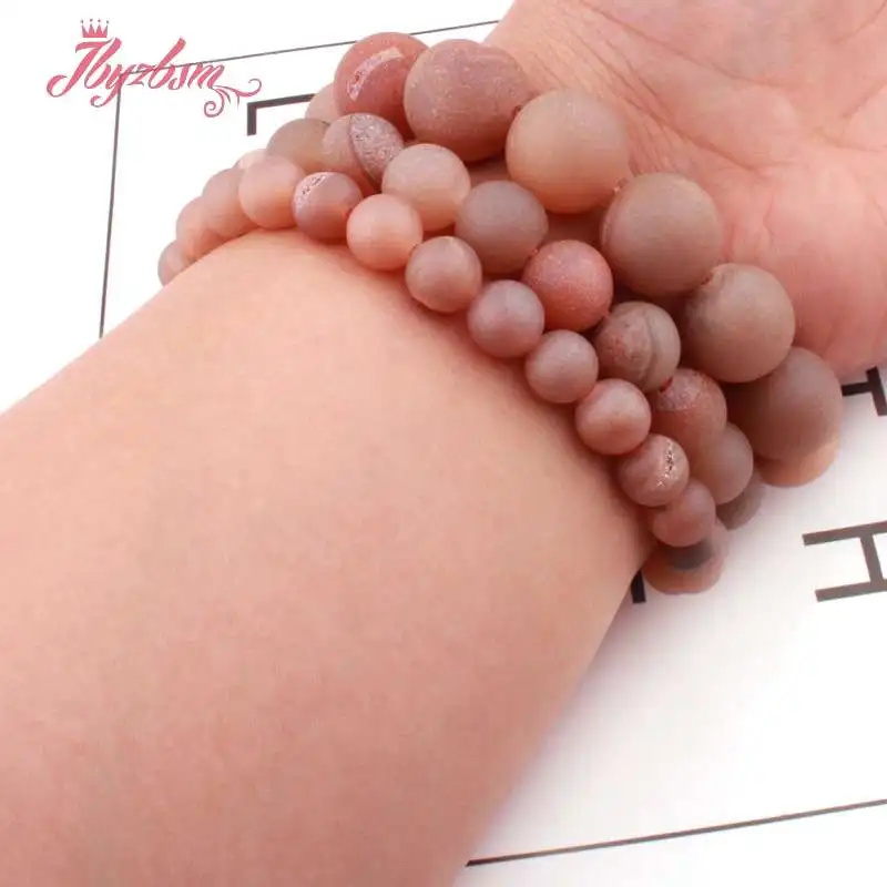 

8,10,12,14mm Round Metallic Coated Druzy Pink Agates Stone Beads For DIY Necklace Bracelets Jewelry Making 15"