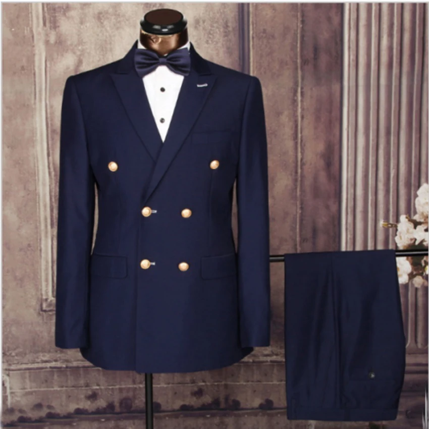 Мужской двубортный пиджак Auriparus темно-синий для жениха и брюки | Мужская одежда