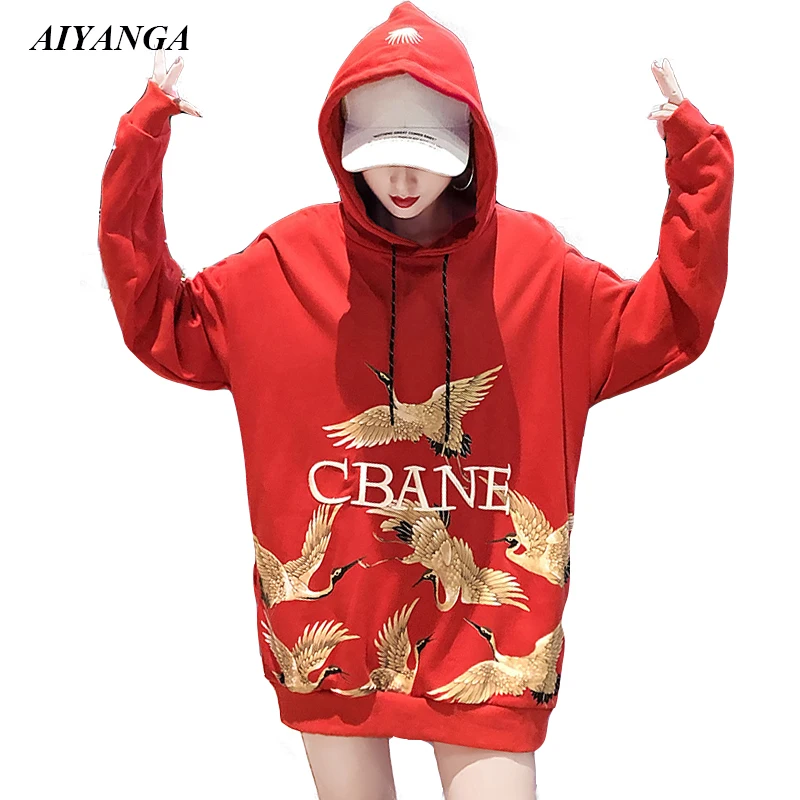 Красные толстовки для женщин 2018 осень зима и пуловеры модный принт плотная