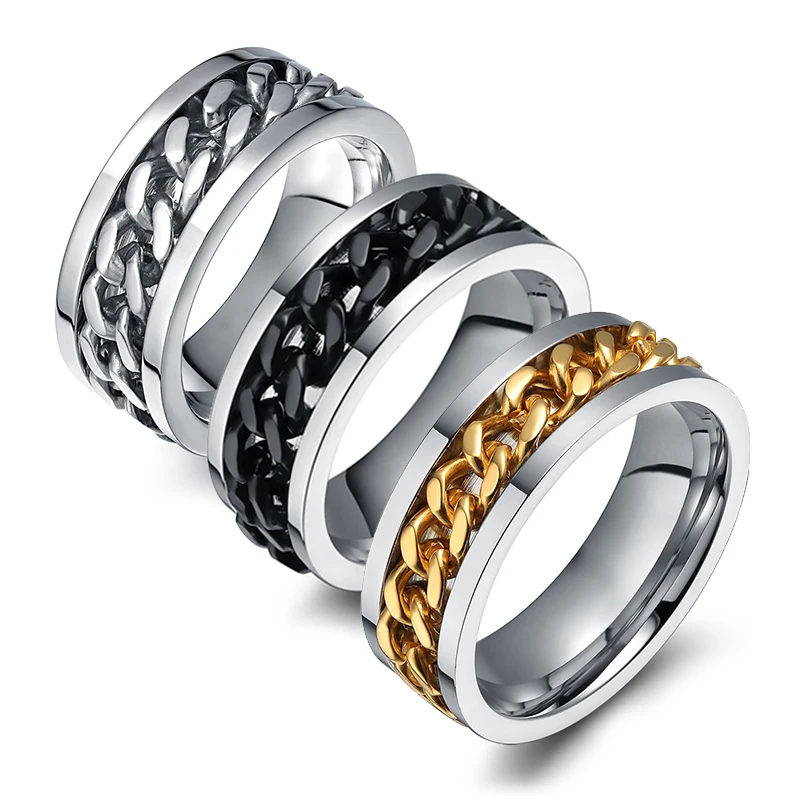 Вертушка черного золотого серебряного цвета кольцо с цепочкой для мужчин панк из