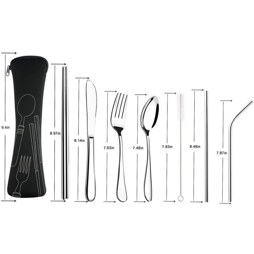 Cutlery Set C Набор посуды для путешествий, кемпинга, набор столовых приборов, многоразовая посуда из серебра, металлическая соломинка, ложка, вилка, палочки для еды и портативный чехол - Цвет: Cutlery Set C