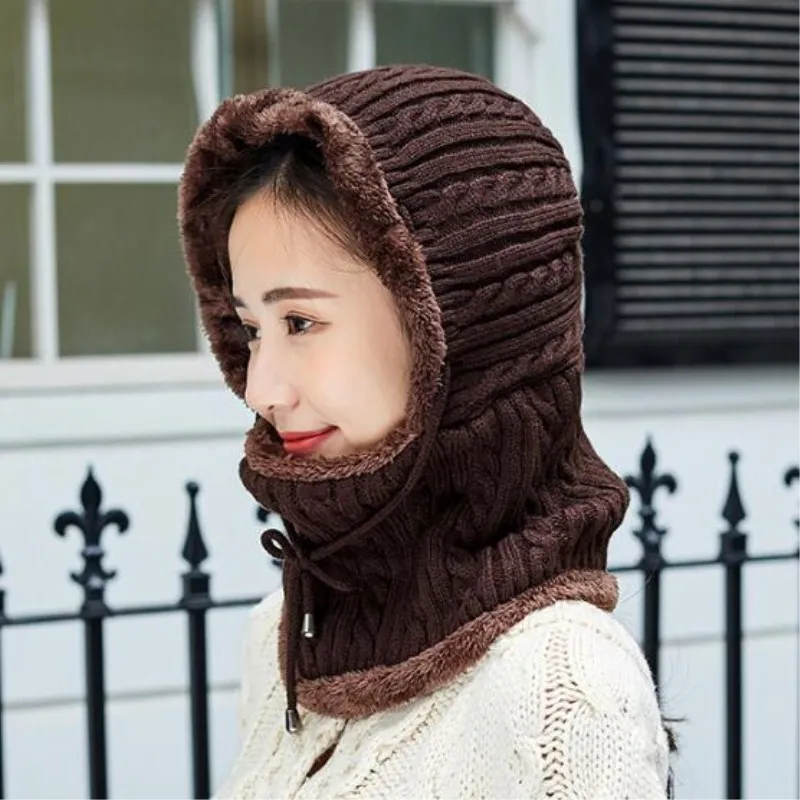 Seioum, новинка, зимняя вязаная шапка, шарф для женщин, Skullies Beanies, зимние шапки для мужчин и женщин, теплая маска, толстая, для девушек, женская шапка, Шапка-бини - Цвет: coffee