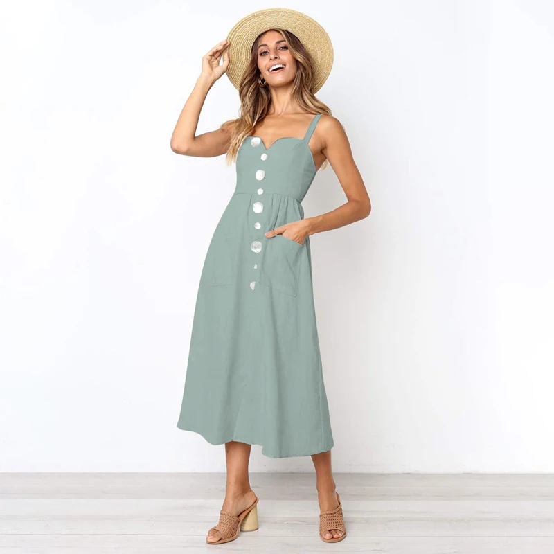 Ursohot летом спагетти ремень платье хлопок и лен карман Vestidos пляжное вечерние