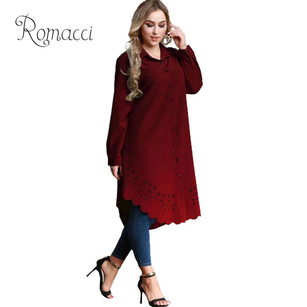 Romacci размера плюс длинные рубашки для женщин 6XL сжигающий цветок ажурная рубашка