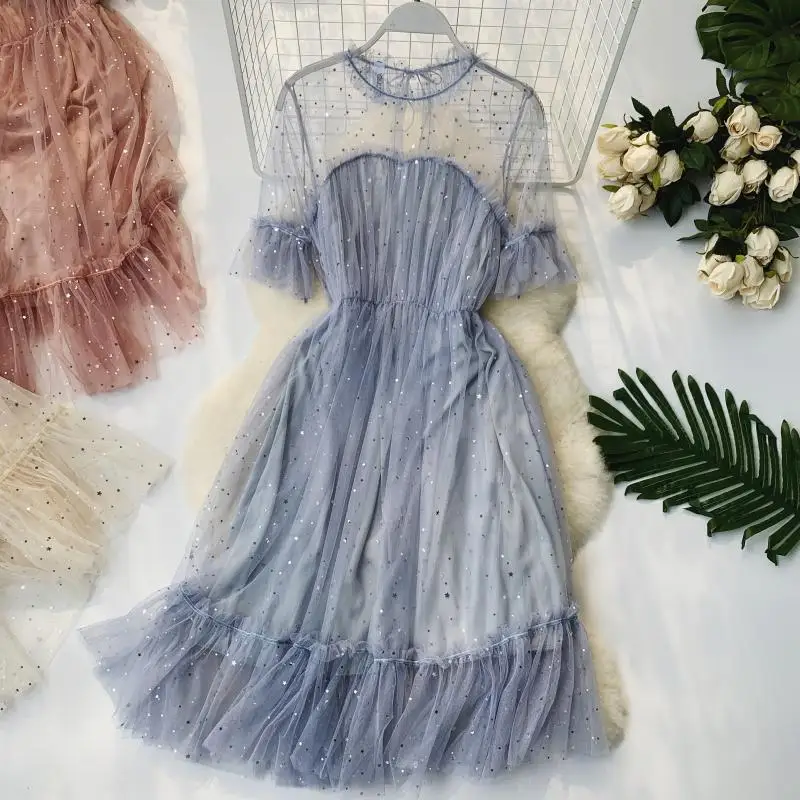 2019 новые модные женские платья Сетчатое блестящее французское Ретро