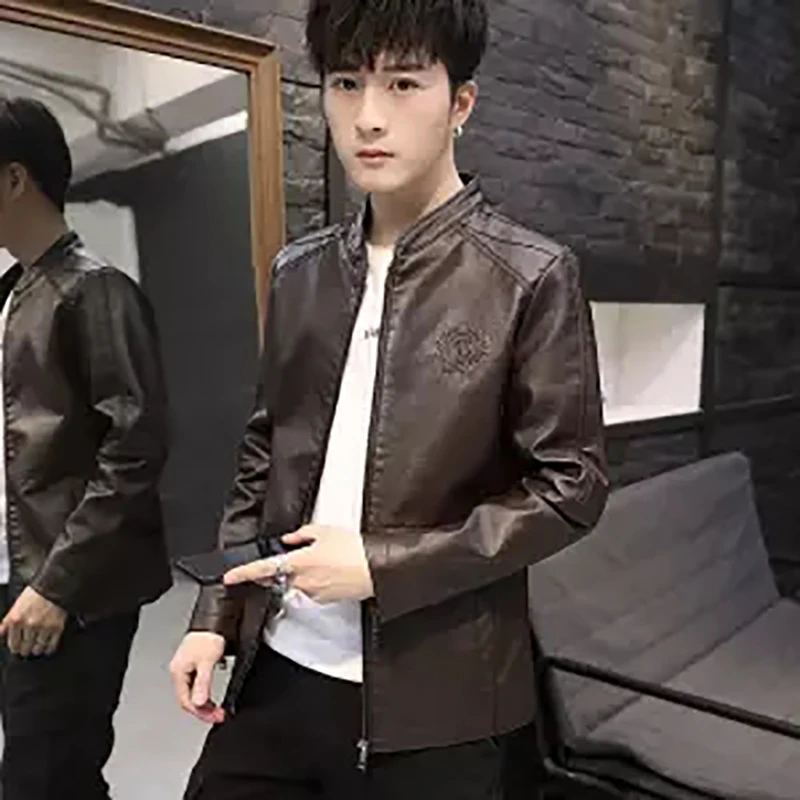 Мужские кожаные куртки с воротником стойкой летняя тонкая мотоциклетная куртка