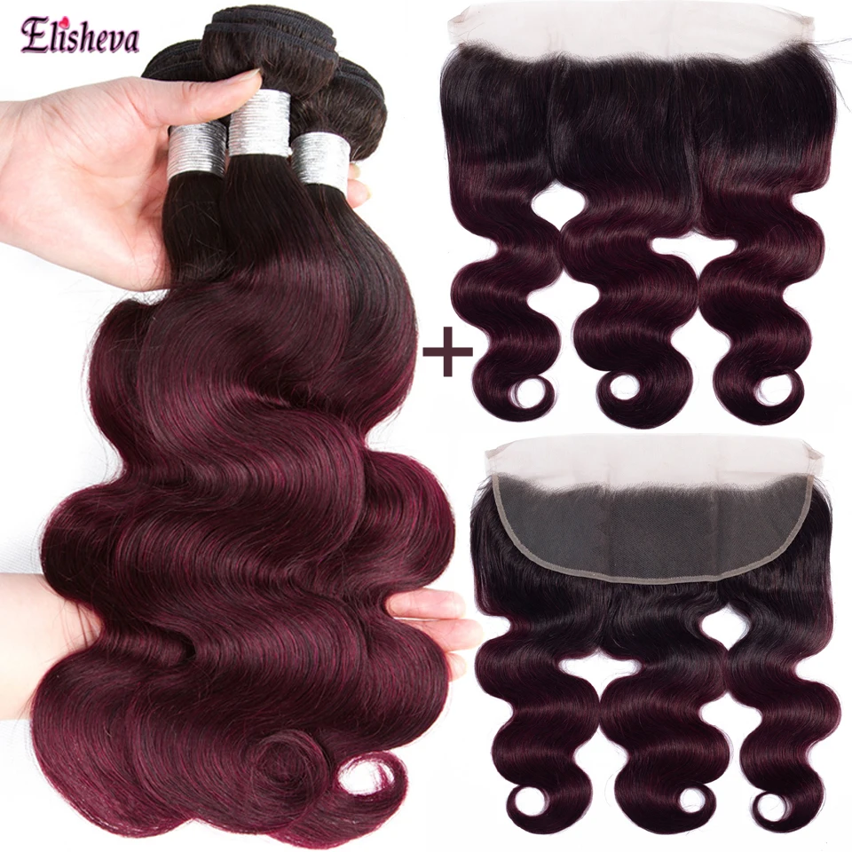 

Elisheva Ombre Bundles With Frontal 1b/99J Dyed Peruvian Body Wave Remy Human Hair Lace Frontal Closure With Bundles Pre Plucked
