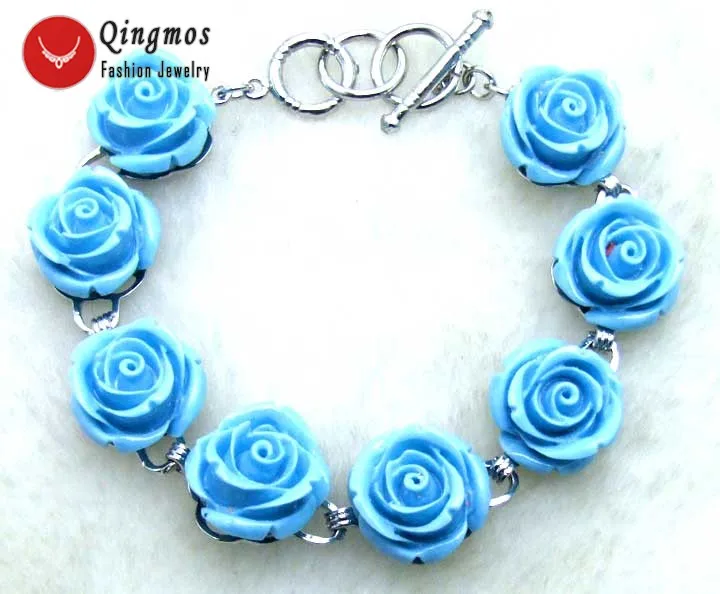 

Qingmos Trendy Natural Coral Bracelet for Women with 16mm Blue Rose Shape Coral Bracelet Jewelry 7-8.3" Bra222 Free Shipping