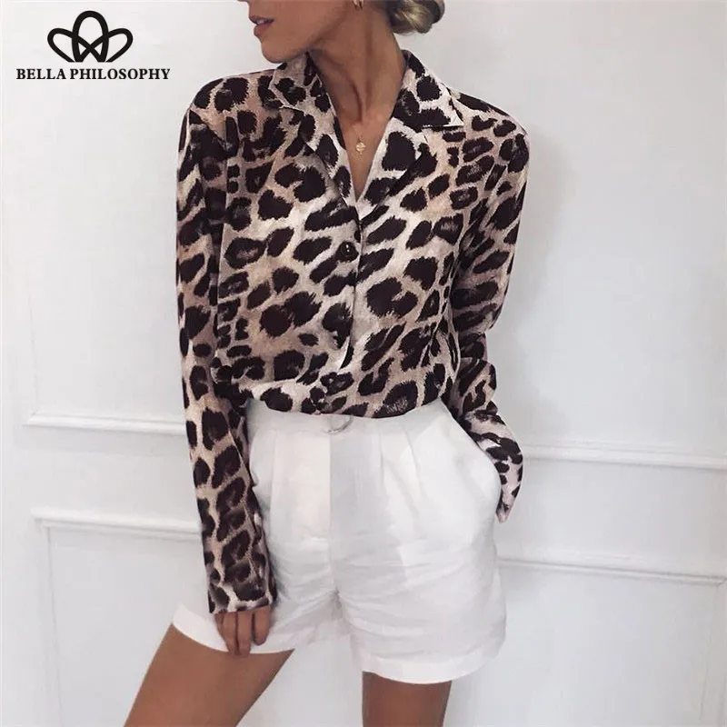 

Женская шифоновая блузка Bella Philosophy, с леопардовым принтом и длинными рукавами, с отложным воротником, для офиса, футболки, туники, топы, размера плюс