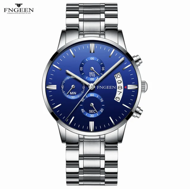Silver blue FNGEEN кварцевые часы для мужчин бизнес водонепроницаемые Авто часы с датой мужские роскошные мужские светящиеся наручные часы Reloj Hombre - Цвет: Silver blue
