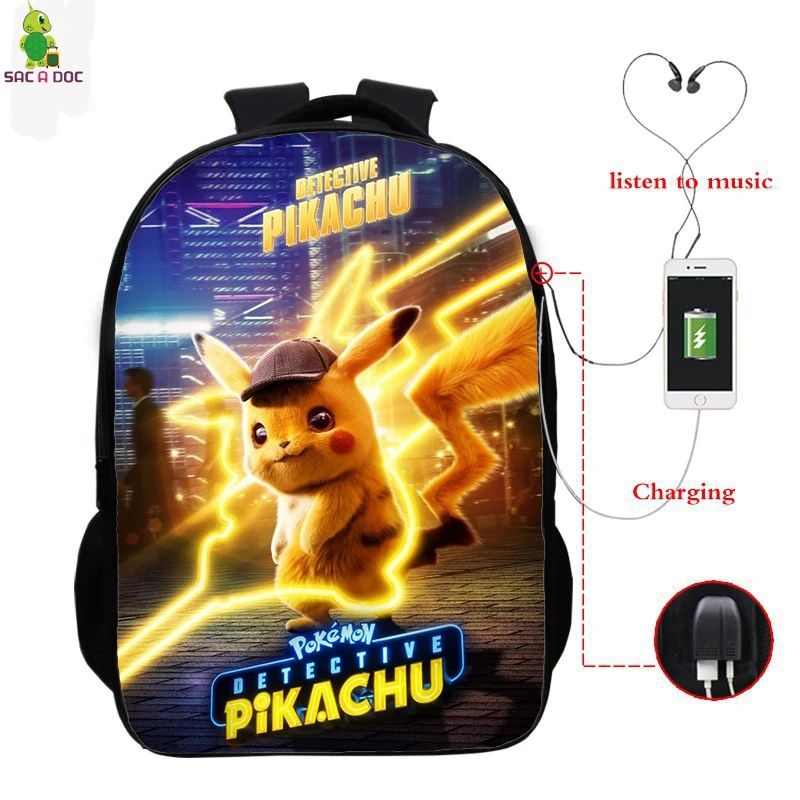 Girls Backpack Pokemon Detective Pikachu USB Рюкзак 16 дюймов школьные рюкзаки для подростков мальчиков и девочек рюкзак Пикачу рюкзак для ноутбука - Цвет: Girls Backpack