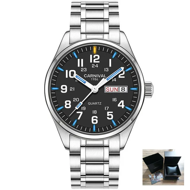 black blue with box T25 Тритий газ светящиеся мужские часы Топ бренд класса люкс карнавал Военный Спорт кварцевые наручные часы для мужчин relojes hombre - Цвет: black blue with box