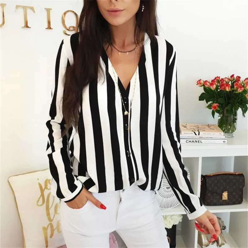 Женская полосатая блузка с длинным рукавом и v образным вырезом Повседневные