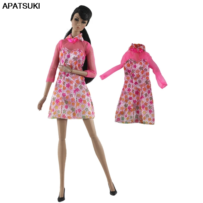 

Розовое цветочное модное платье для кукол Барби, наряды, короткое платье для кукольного домика Барби 1/6, Одежда для кукол 1:6, аксессуары для к...