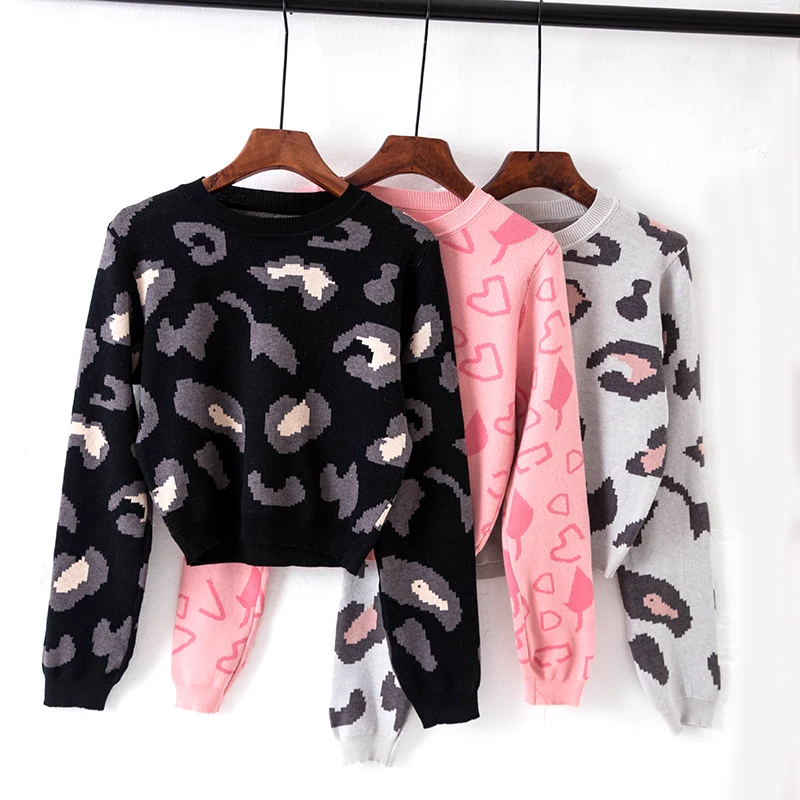 2019 Autumn Winter Women Sweater Short Pullover Knitted Leopard O-Neck Long Sleeve Fashion Casual Loose jumpers ladies | Женская одежда